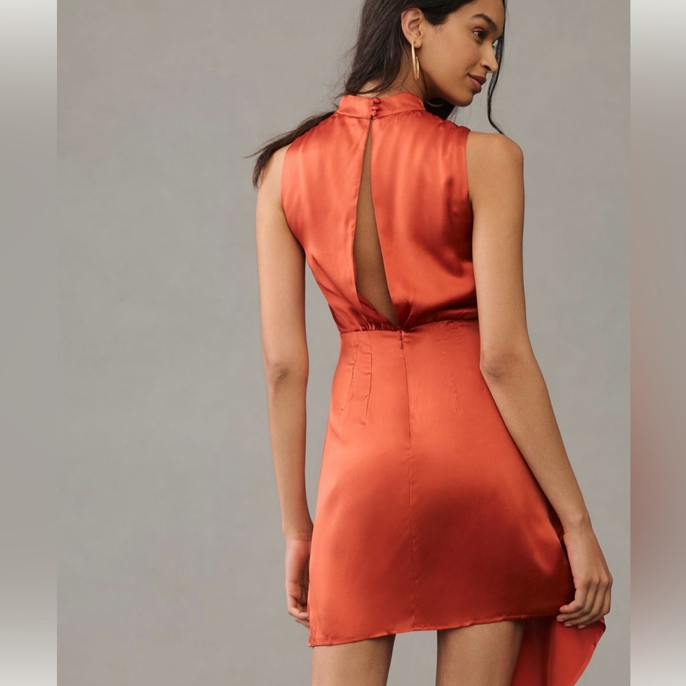 Mock neck draped silk dress by Anthropologie Orange baked paprika - Picture 4 of 8